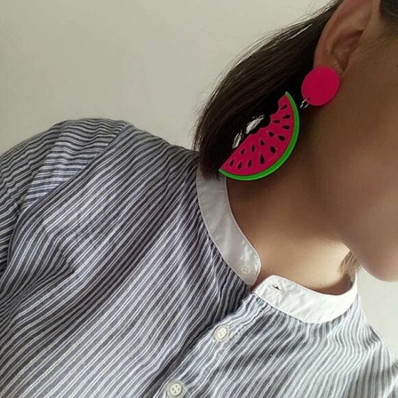 Pink Watermelon Acrylic Earrings Fun & Fruity Statement Jewelry - Picture 2 of 5